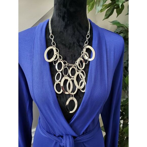 Romantic Hut Women's Solid Blue Polyester V-Neck Long Sleeve Knee Length Dress M - Picture 2 of 11